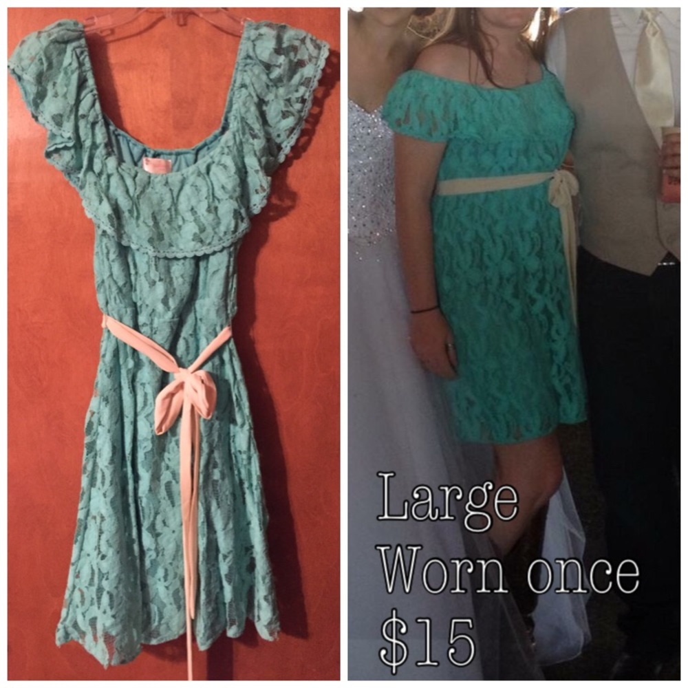 Large turquoise off shoulder dress